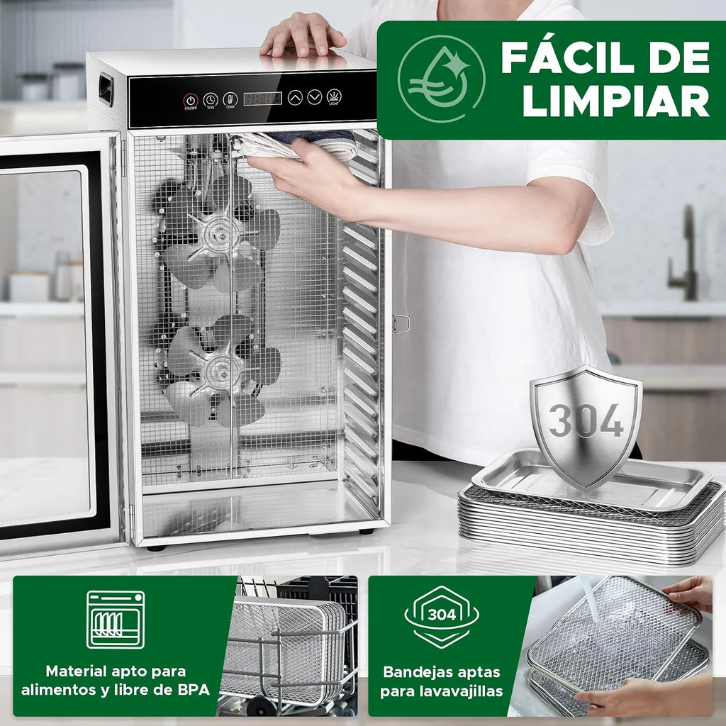 Kwasyo Deshidratador de Alimentos Comercial 18 Bandejas, 800W Deshidratador de Acero Inoxidable con Circulación de Aire 360°, Gran Capacidad para Carne, Frutas, Verduras, Hierbas