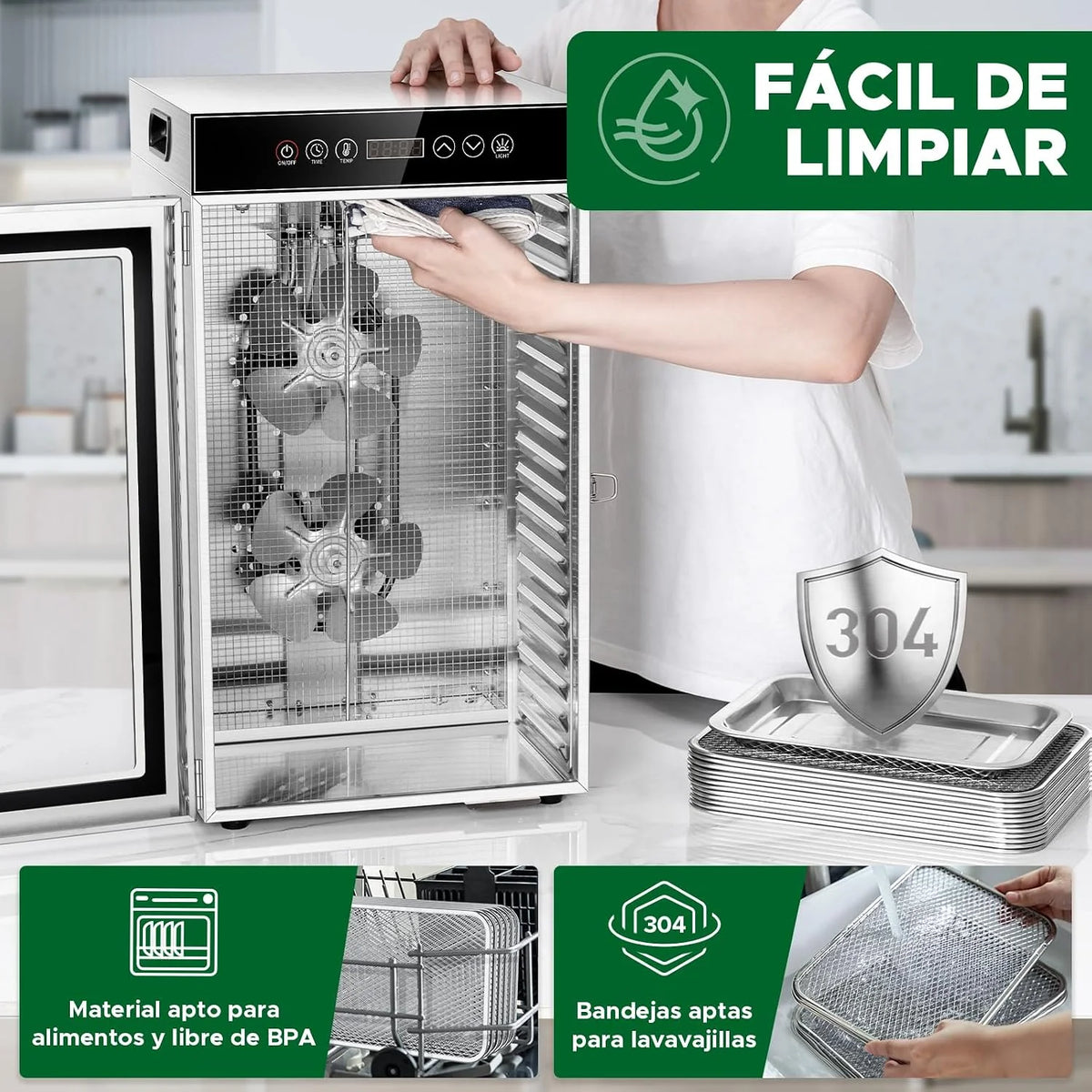 Kwasyo Deshidratador de Alimentos Comercial 18 Bandejas, 800W Deshidratador de Acero Inoxidable con Circulación de Aire 360°, Gran Capacidad para Carne, Frutas, Verduras, Hierbas
