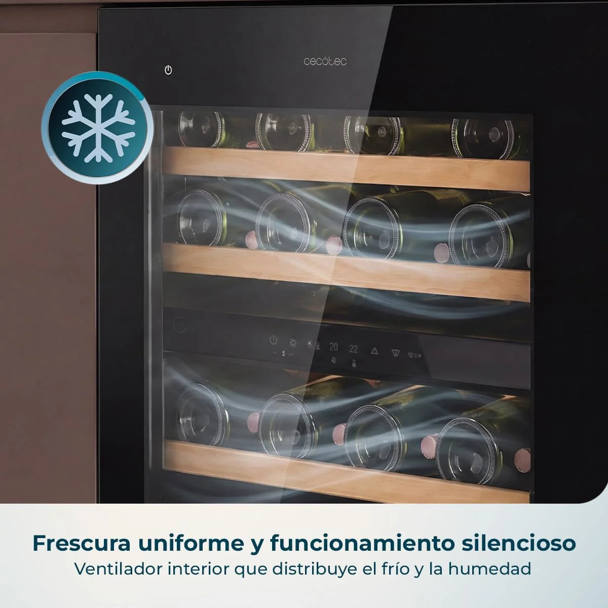 Cecotec Vinoteca Integrable 36 Botellas 60x60cm con Compresor Bolero GrandSommelier Duo 36000 Touch Matt Black Compressor. Apertura con Sensor Táctil, Doble Zona Temperatura, Display, Estantes Madera