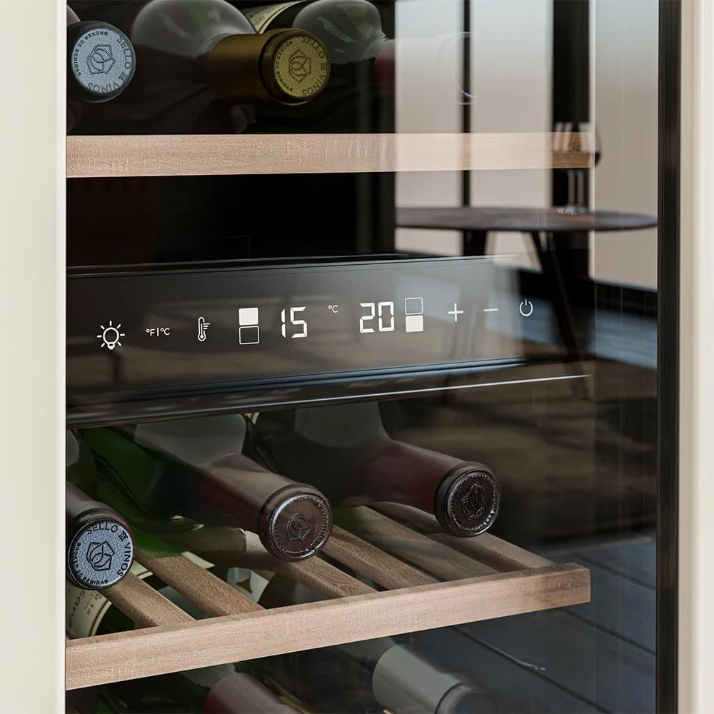 Cecotec Vinoteca 30 Botellas Retro Bolero Grandsommelier Origin Duo 30 Hit Beige. Acabado En Negro Con 2 Zonas De Temp. (5-12ºC, 12-20ºC), Control Led, NoFrost, Estantes Madera, Luz Interior