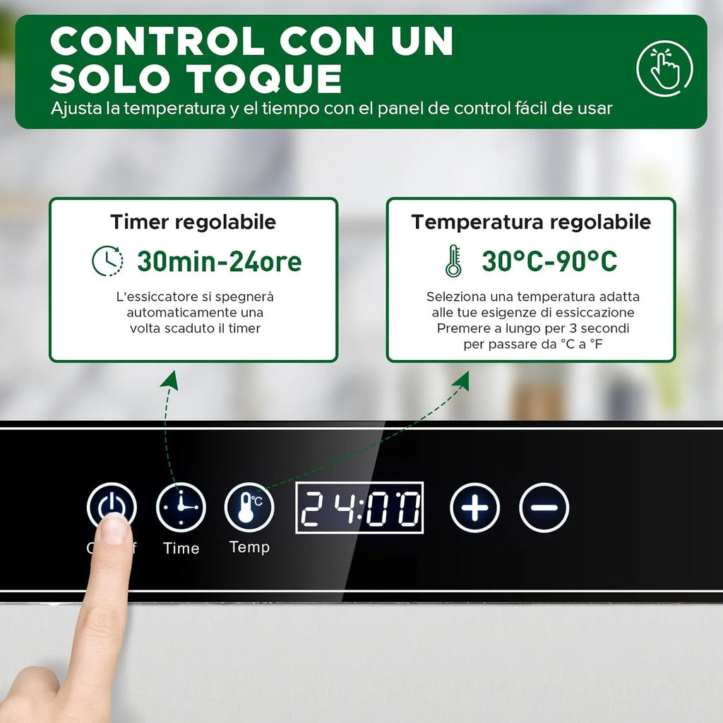 Kwasyo Deshidratador de Alimentos Acero Inoxidable Libre de BPA, Deshidratadora de Frutas y Verduras con Pantalla LCD, Temperatura 30-90℃, Temporizador, Hierbas, Nueces, Yogurt, 8 Bandejas, 500W