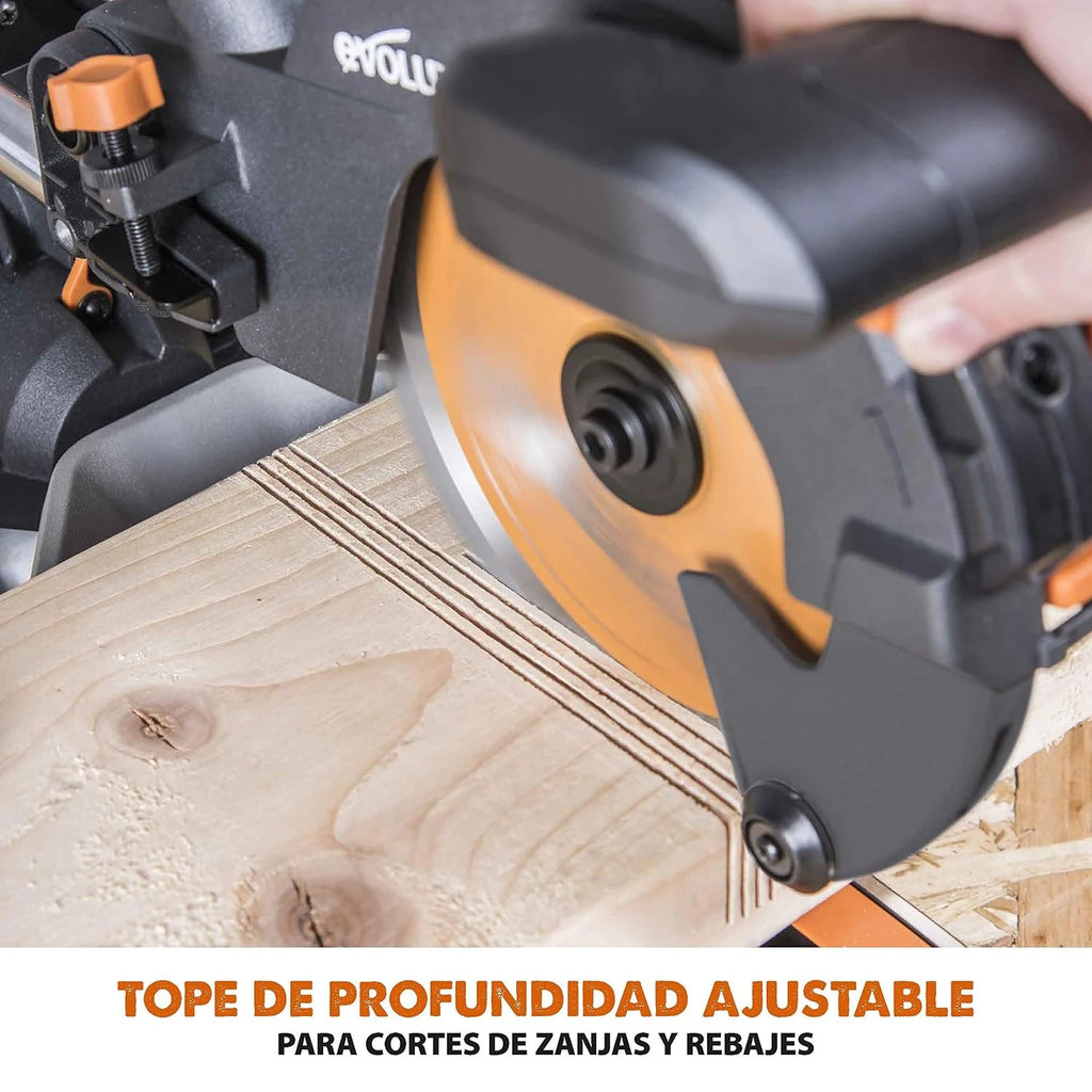 Evolution Power Tools R210SMS+ Ingletadora deslizante multimaterial de 210 mm, con paquete Plus, Corta acero dulce, aluminio, plástico, madera con clavos incrustados, 230 V