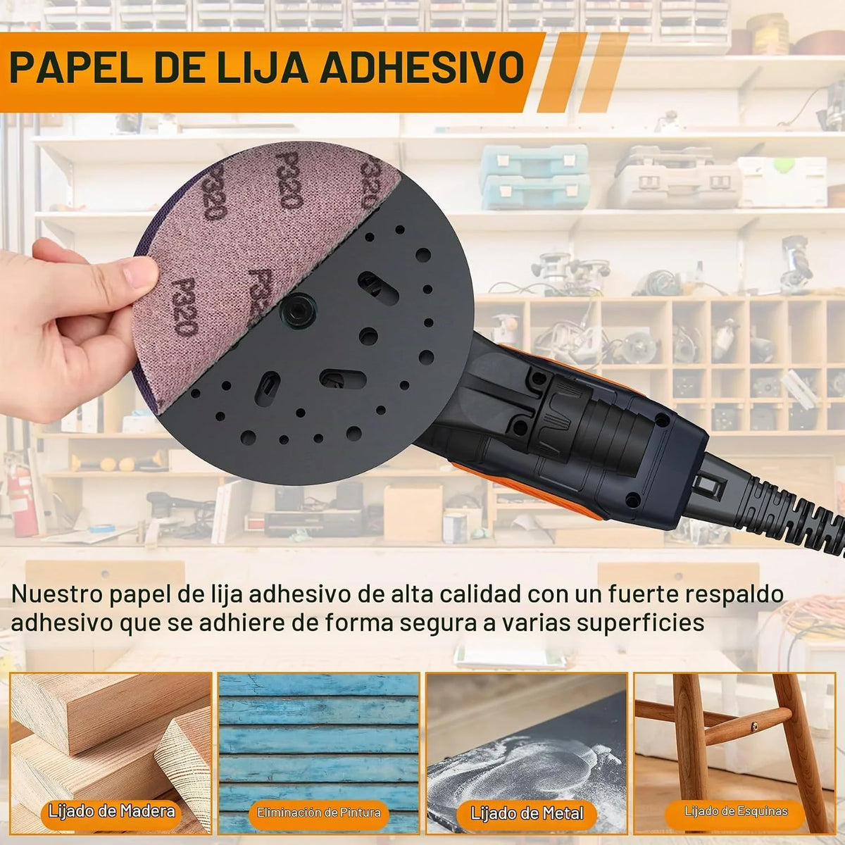 MAXXT Lijadora Orbital Sin Escobillas para 6 pulgadas, Lijadora Orbital Aleatoria Eléctrica de 10,000 RPM con 10 Discos de Lija, Lijadora de Velocidad Variable de 6 para Lijado y Pulido de Madera