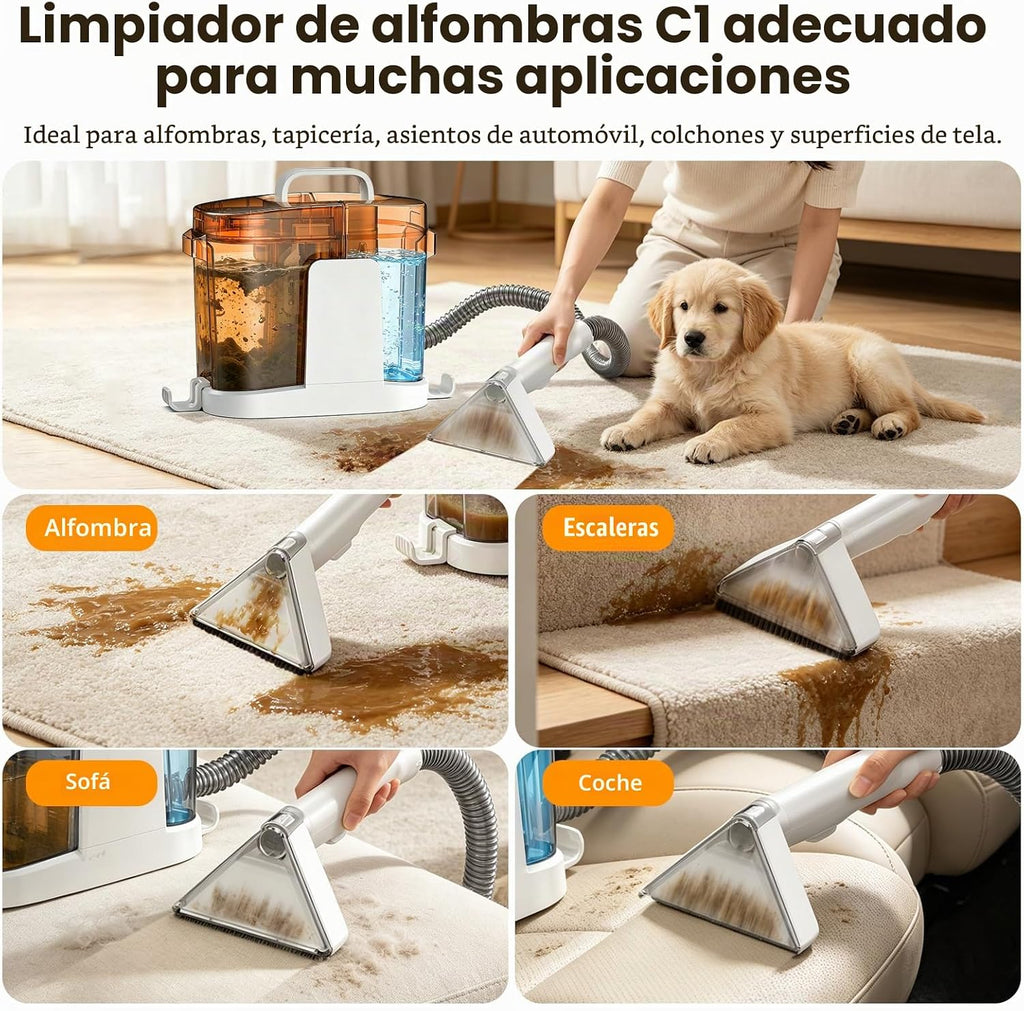 Limpiador de Tapicerias 17kPa Aspiradora de Agua Tapiceria 600W Maquina Limpia Tapicerias para Sofas Alfombras Coche Colchones y Mascotas con Autolimpieza,Depositos Extraibles,Tubos flexible (Marrón)