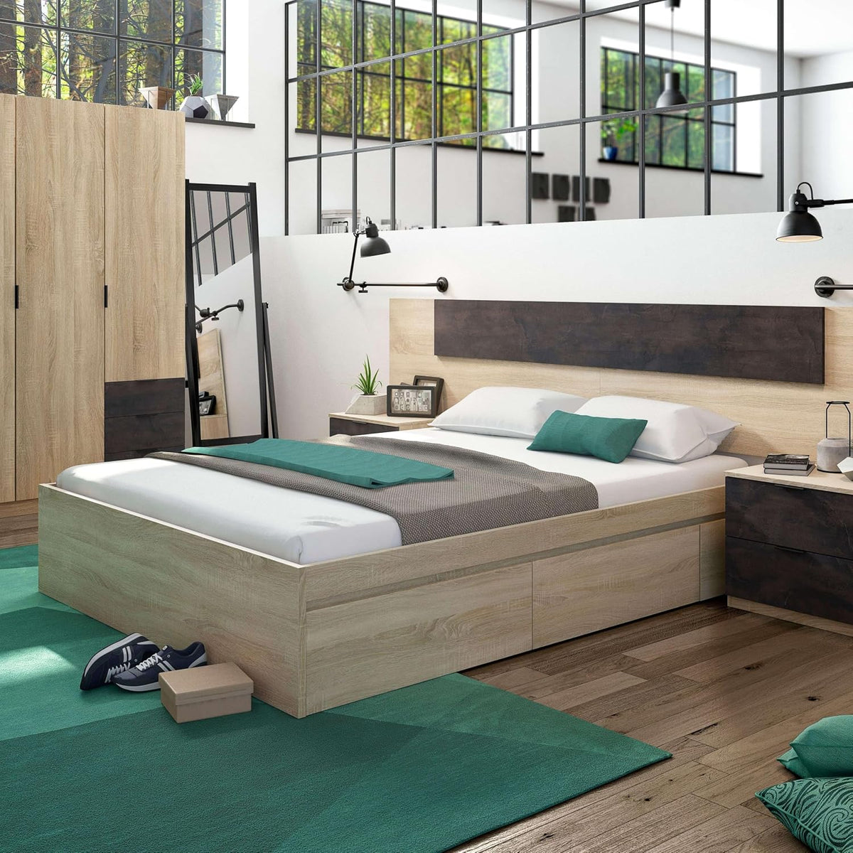 Habitdesign Bed Frame with 4 Drawers, 156 x 196 x 37 cm (W x D x H cm), Double Bed Frame Oak Colour, Kendra Model (No Box Spring)