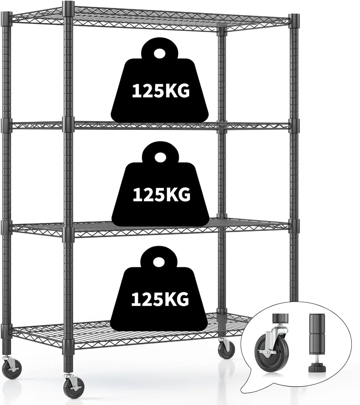 Himimi Estantería de Alambre de 4 Niveles con Ruedas y Pies Niveladores, Altura Ajustable, Estante de Almacenamiento Metálico para Cocina, Baño, Sala de Estar, Capacidad de 500 kg, 90*45*183 cm, Negro
