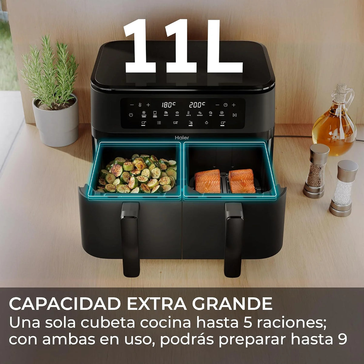 Haier Freidora de Aire de Doble Cajón | 11L Gran Capacidad | 8 Funciones