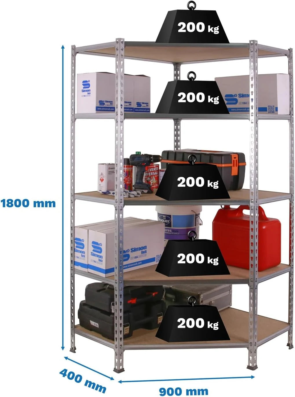 Simon Rack Estantería Metálica Almacenaje, Sin tornillos, 5 Baldas Madera, Alta Capacidad Carga 200 kg, 1800x900x400 mm, Estantería Garaje Trastero, Galva/Madera