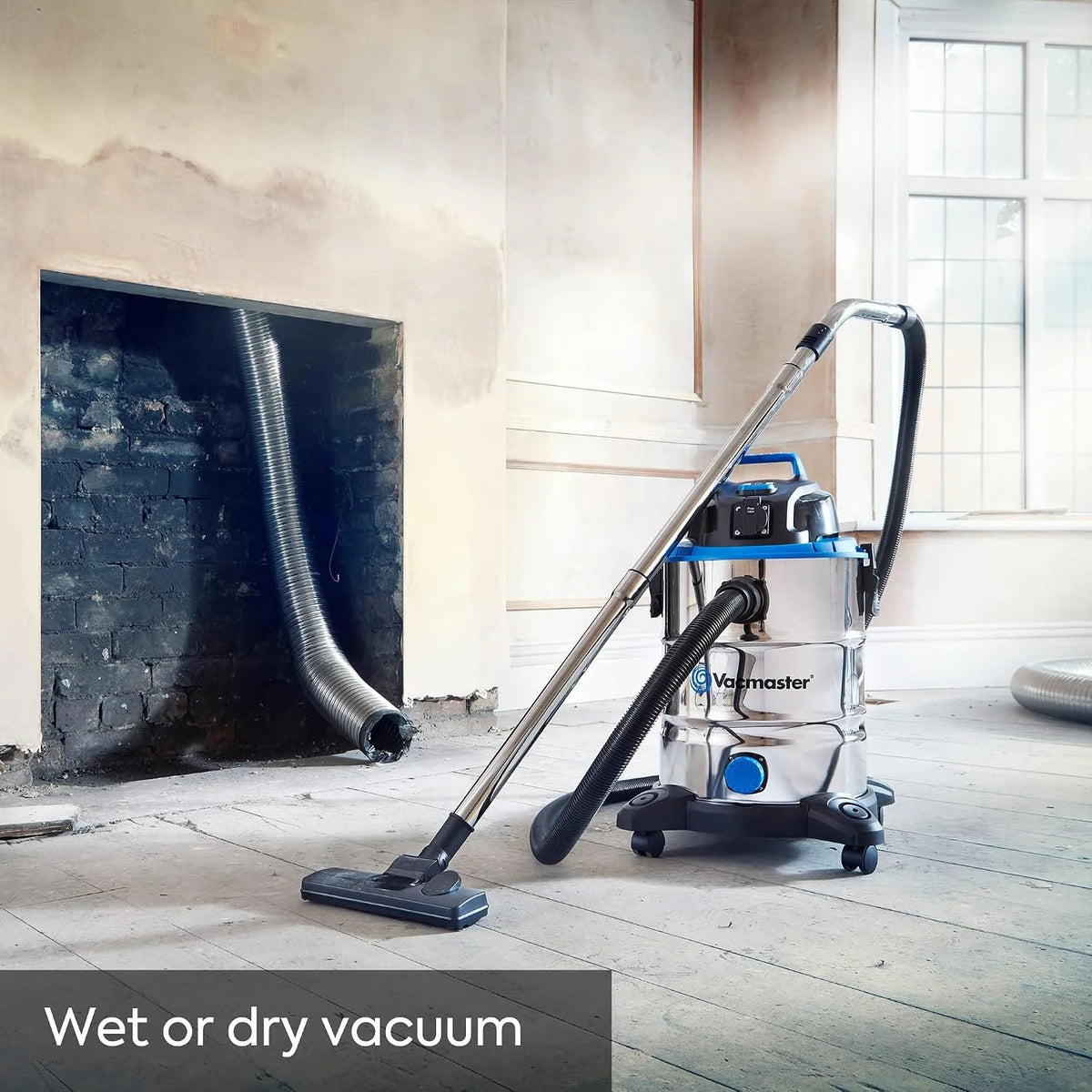 Vacmaster VQ1530SFDC 1500W 30L Aspirador en seco y húmedo, Industrial de Acero Inoxidable, Función De Soplador, Toma De Corriente con Herramientas Eléctricas