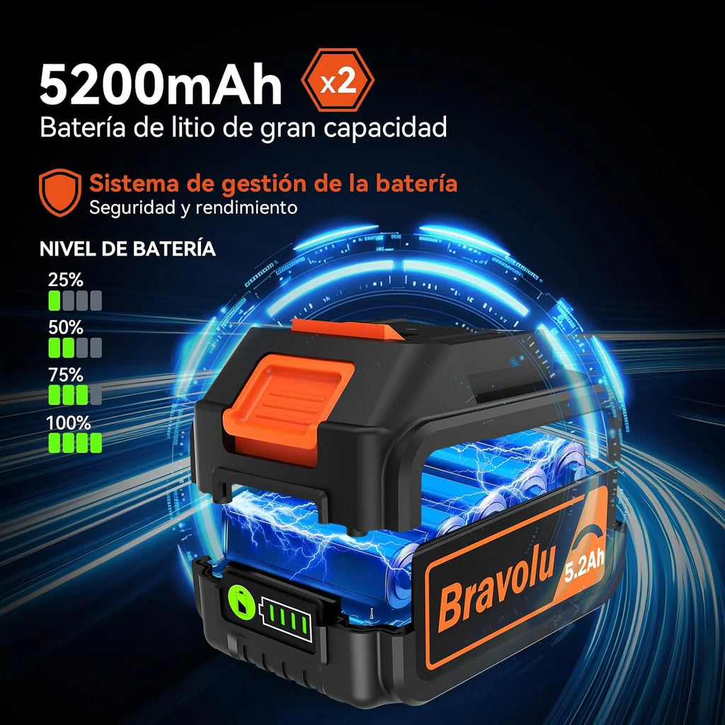 Soplador de Hojas, Bravolu Soplador con 2 Baterías de 5200 mAh y Cargador, Potente Motor sin escobillas, Velocidad del Aire MAX 305 km/h, 5 Velocidades Soplador de Hojas Eléctrico con Modo Turbo