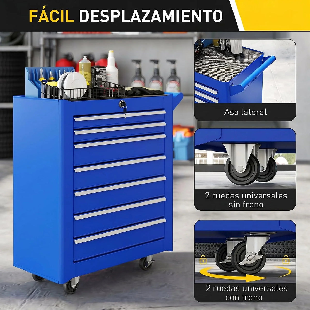 DURHAND Carro de Herramientas con 7 Cajones con Cerradura, Asa, Azul