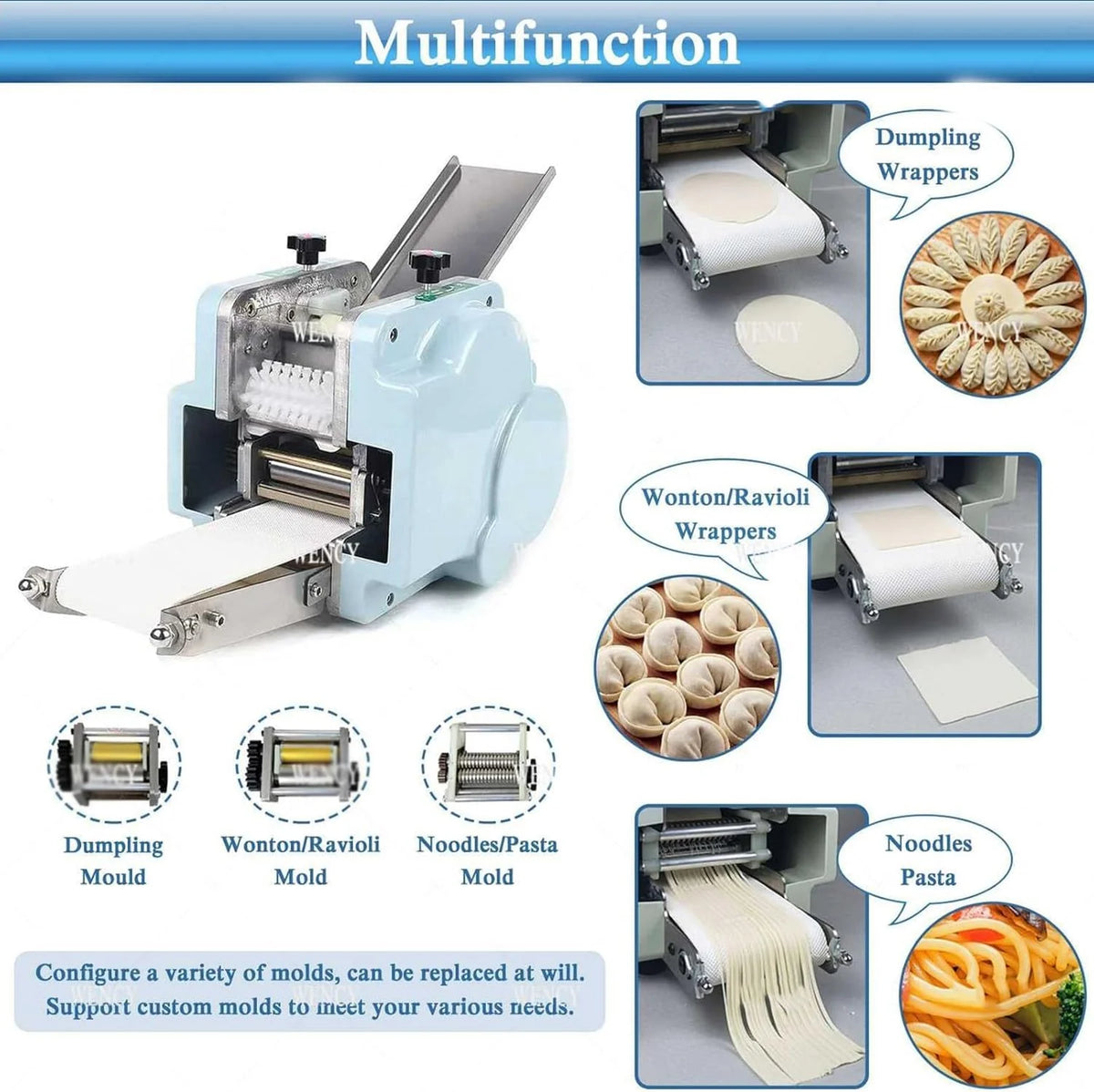 Qiang Máquina para Hacer Wonton Pi,Gyoza Skin Commercial Dumpling Wrapper Maker,60 Piezas/Min,Máquina De Pasta Eléctrica Acero Inoxidable Laminadora De Masa con Molde,3Molds