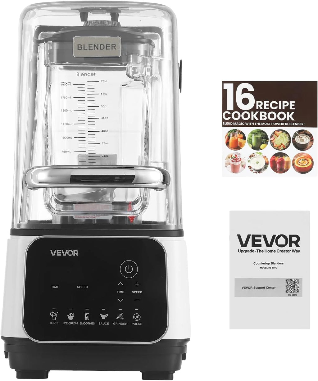 VEVOR Batidora de Vaso con Jarra de 2 L, Licuadora Profesional con Protector, 2200 W, 26000 RPM, Velocidad Ajustable, 6 Programas Preestablecidos para Batidos, Trituración de Hielo, Purés, Blanco