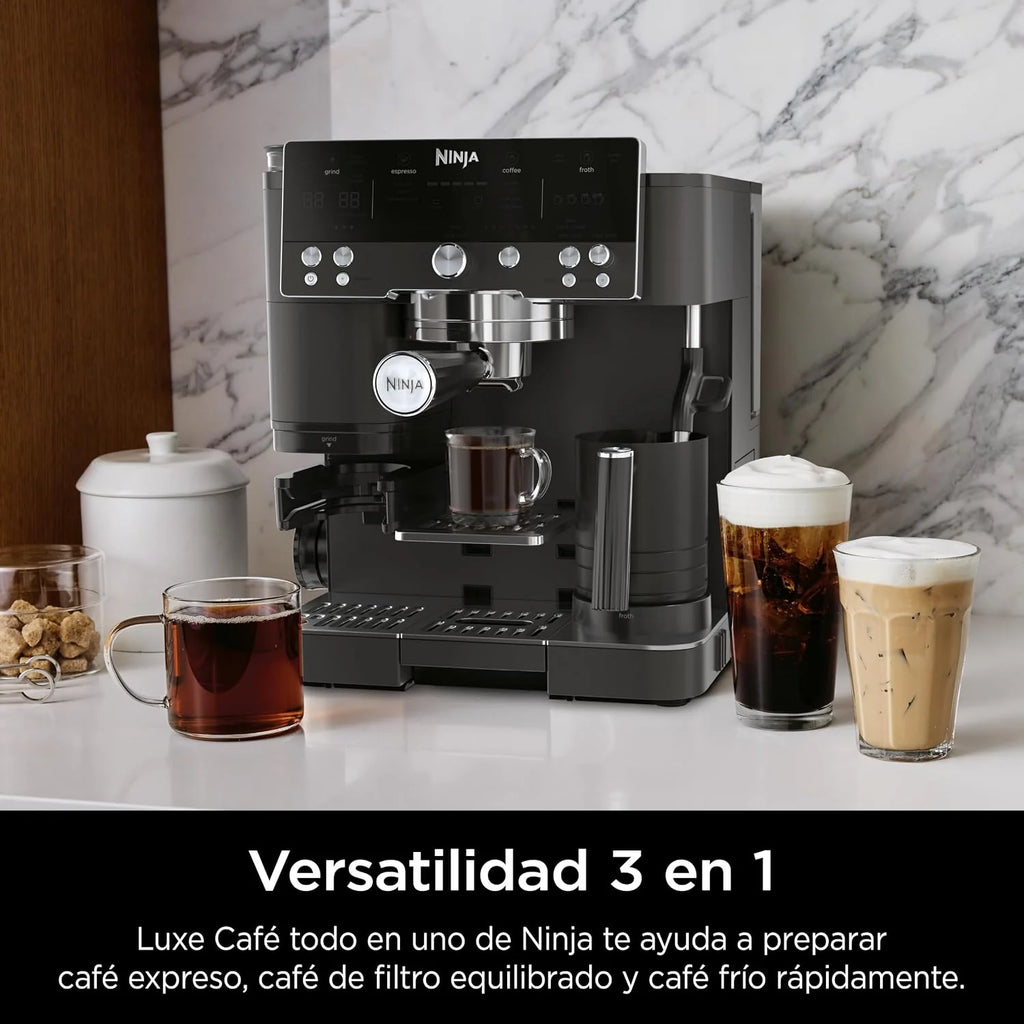 Ninja Luxe Premier Cafetera 3 en 1 para Espresso, Cold Brew y Café de Filtro con Molinillo y Espumador Integrados - 25 Ajustes de Molienda y 4 Preajustes de Espuma - Negro, ES601EUBK