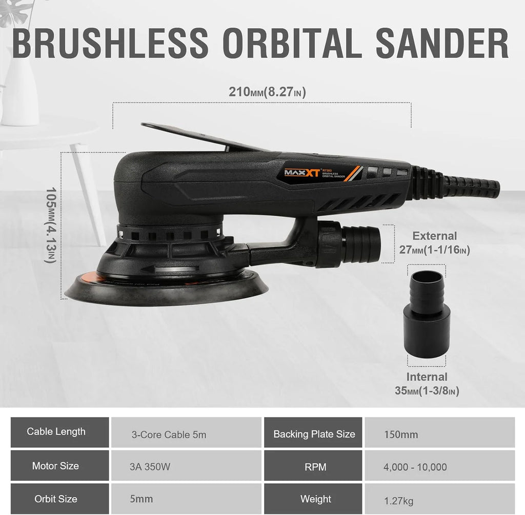 MAXXT Lijadora orbital 5.0 sin escobillas 350W, disco de 125mm&150mm, 4000-10000RPM(6 velocidades ajustables) Freno automático-2s, y 20 hojas de papel de lija