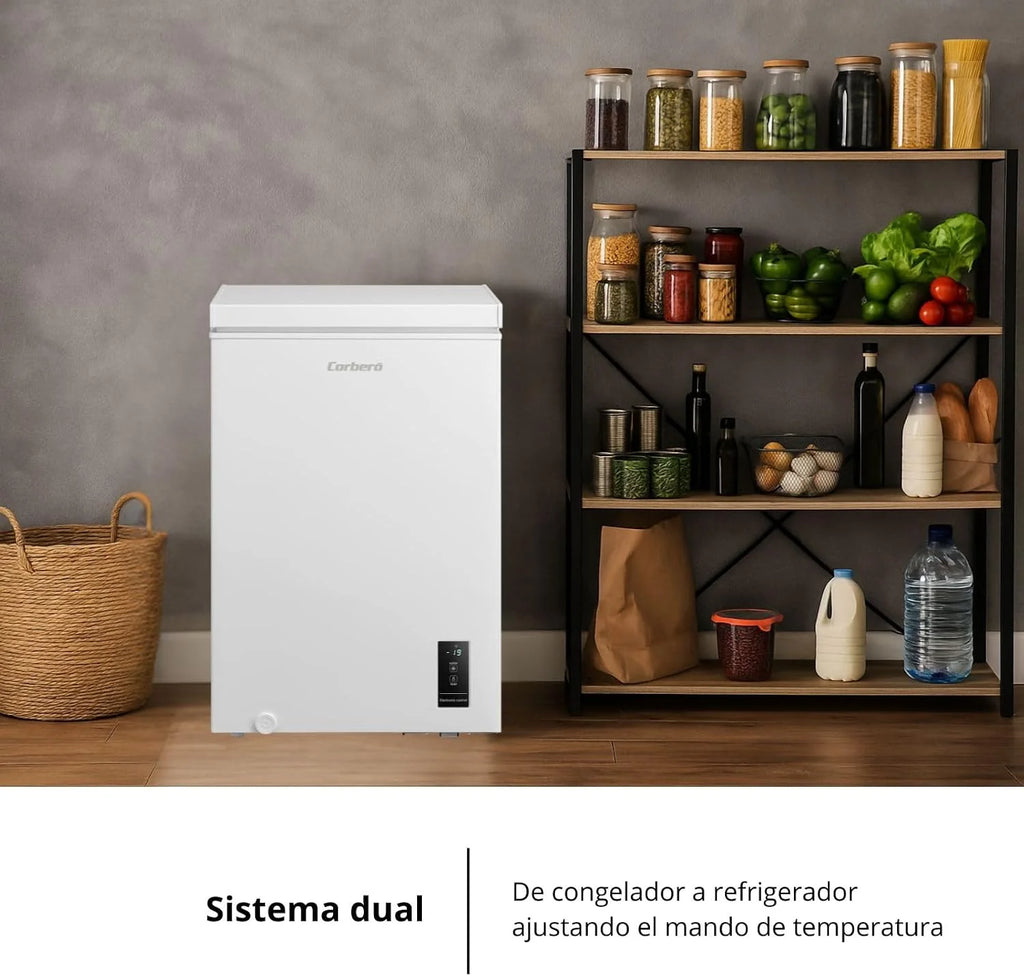 Corberó - Arcón Congelador Horizontal | CCHM1006M | 99L | 54,7cm x 84,9cm | Motor Inverter 38db | Sistema Dual | Súper Congelación | Control con Display | 1 Cesta |Blanco