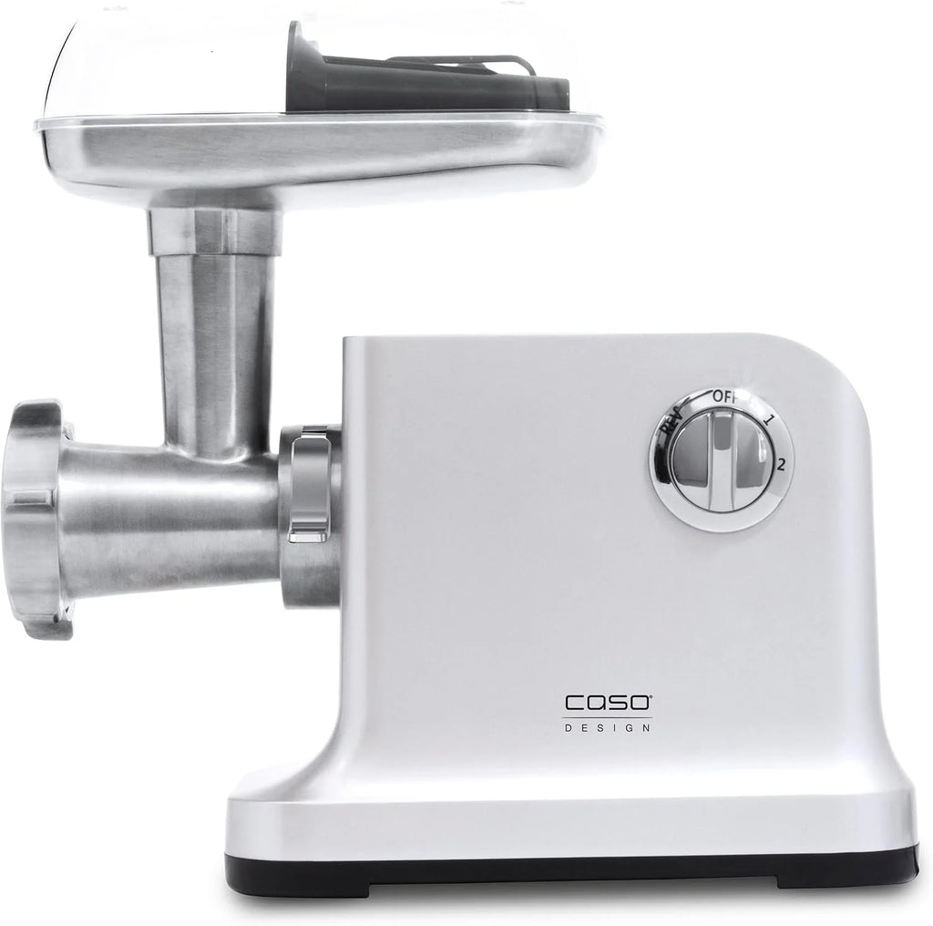 Caso FW2000 - Picadora de carne eléctrica, incluye galletas de salpicar, accesorio nominal, 800 W, 2000 W locked, aprox. 2kg/minuto, carcasa de aluminio fundido, potente motor, plateado