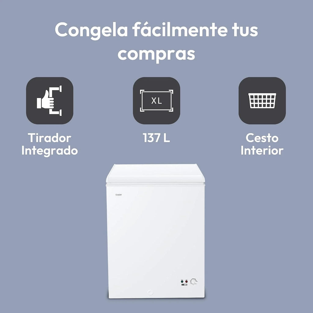 Candy CCHH 145E, Congelador Arcón Horizontal, Ancho 70CM, 137L, Tecnología Estática, 1 Cesto, Control Electrónico Externo, Indicador de Temperatura, Alarma Aumento de Temperatura, 39DB, Blanco