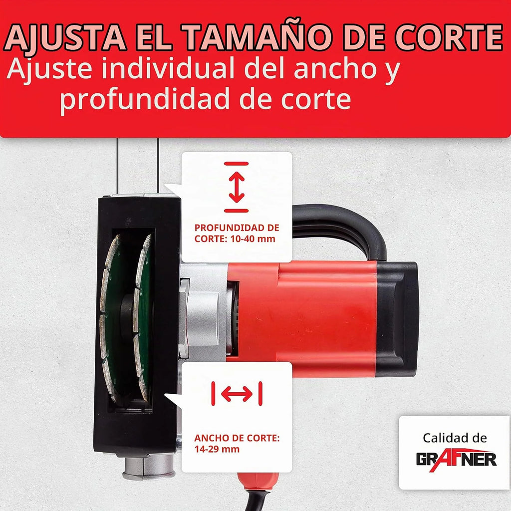 Grafner Fresadora de pared con láser, potente 1700 W con 4000 rpm, incluye 2 discos de corte de diamante de 150 mm de diámetro, extracción de polvo, ancho de ranura 14-29 mm, profundidad de ranura 10