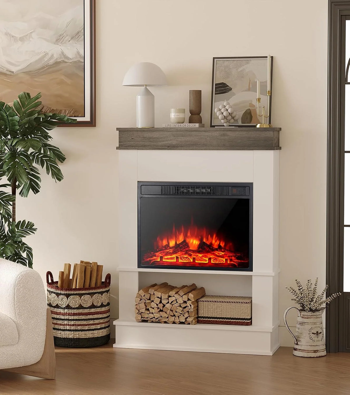 M.C.Haus 46cm / 18in Electric Fireplace, 1800W Freestanding Recessed Fire Heater with 3 Flame Colors and 3 Brightness Levels, Overheat Protection, Realistic Effect