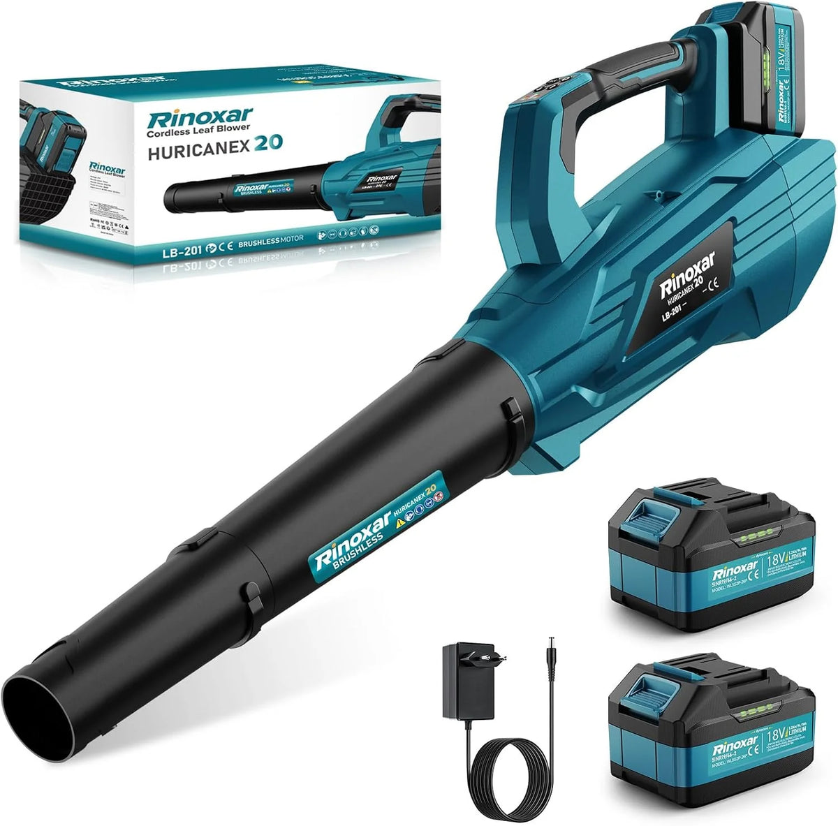 Soplador de Hojas, 5 Velocidades Sopladora de Hojas con Bateria con Motor Brushless, 2 Baterías de 5.2Ah/18V, 35.000 RPM, Velocidad Aire 180 km/h, Vaudal Aire 800 m³/h, 2 Boquillas Intercambiables