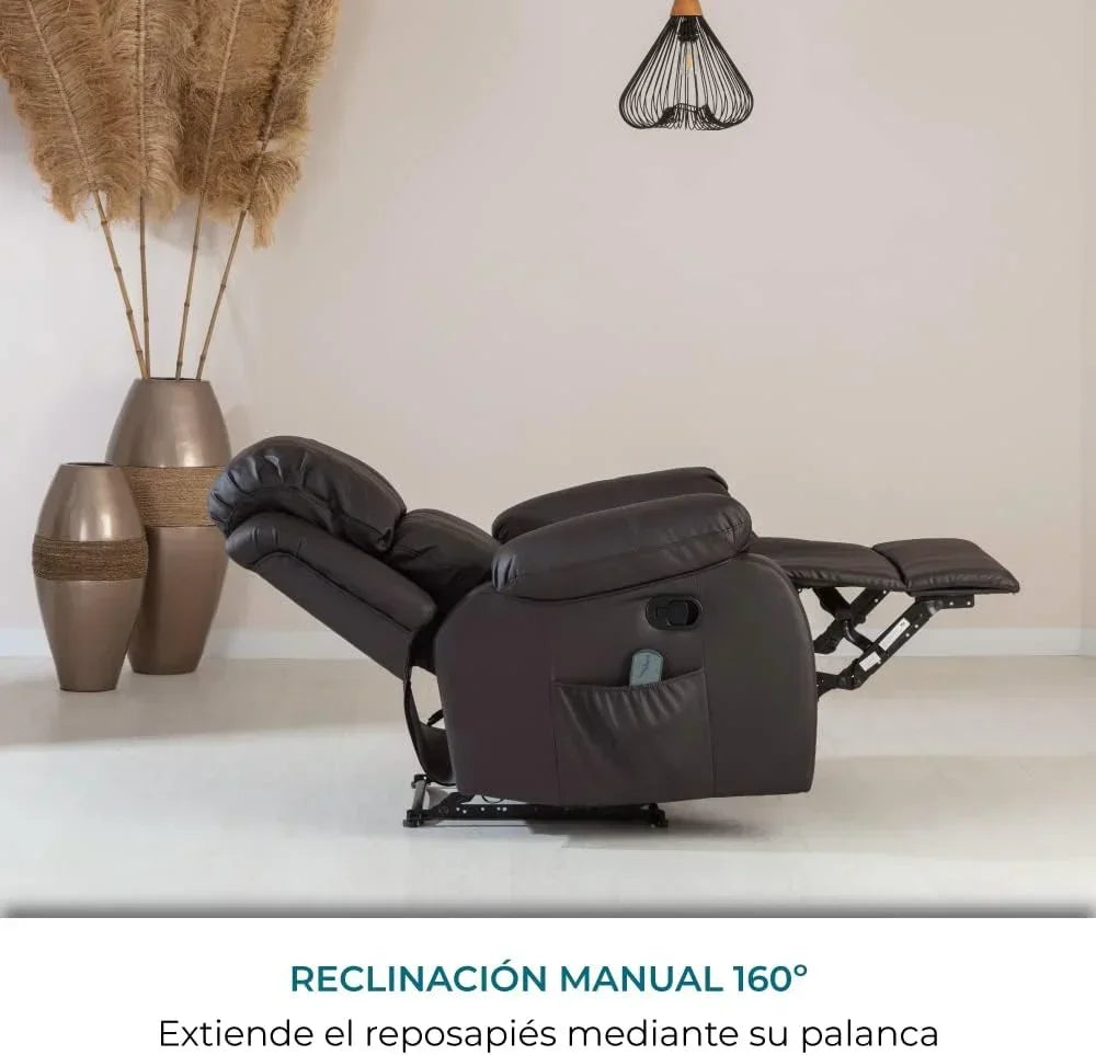 Don Descanso - Sillón Masaje Relax Calor Trevi Negro Reclinable 160º con 8 Motores Silenciosos, Calor Lumbar, Sist. Masaje 4 Zonas y Acabado en PU Anti-Cuarteo [Incluye Mando]. Ideal Gente Mayor