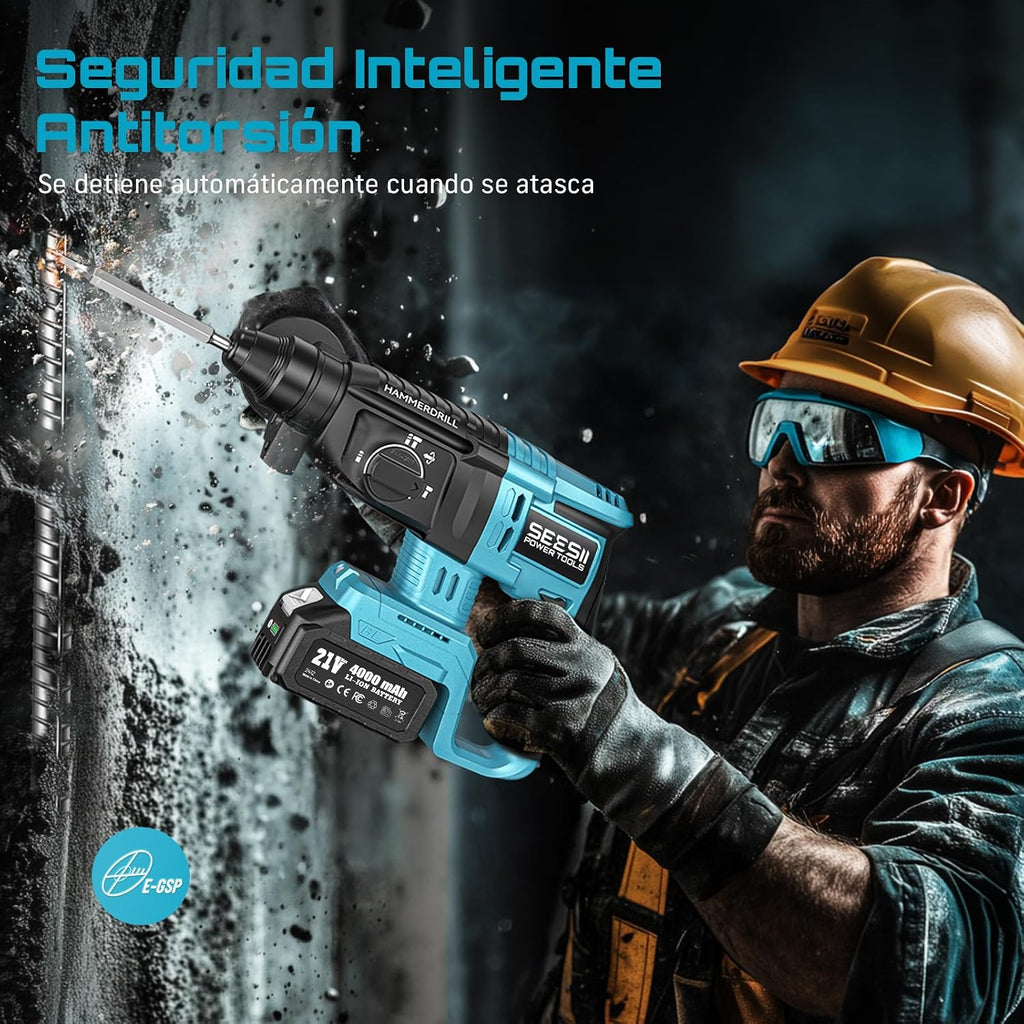 SEESII 4-in-1 Martillo Perforador a Baterías, Sistema de seguridad,SDS-plus