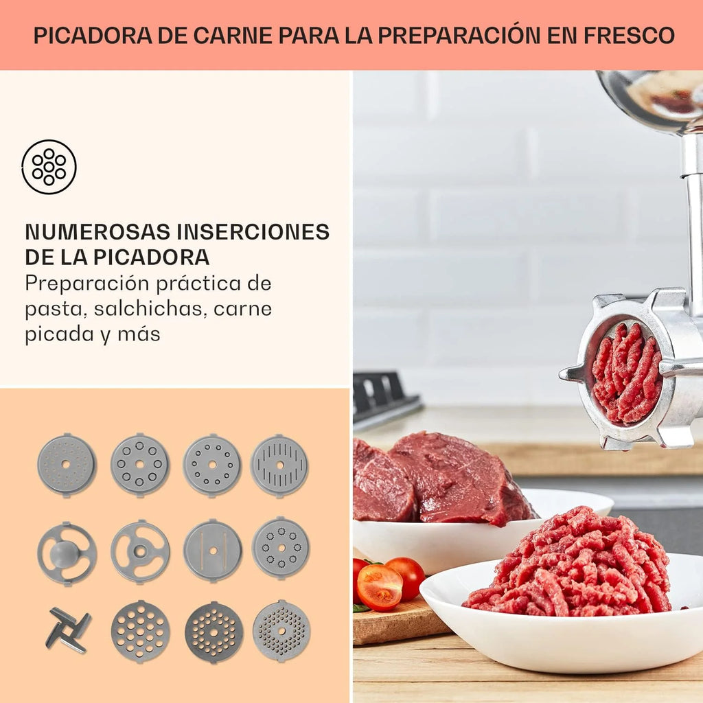 Klarstein Batidora Amasadora con Bol, 5L para Hornear, Robot Cocina, Amasadora Reposteria 1800W, Picadora Carne, Gancho y Bol para Mezclar con Varillas Rotación Planetaria 6 Velocidades
