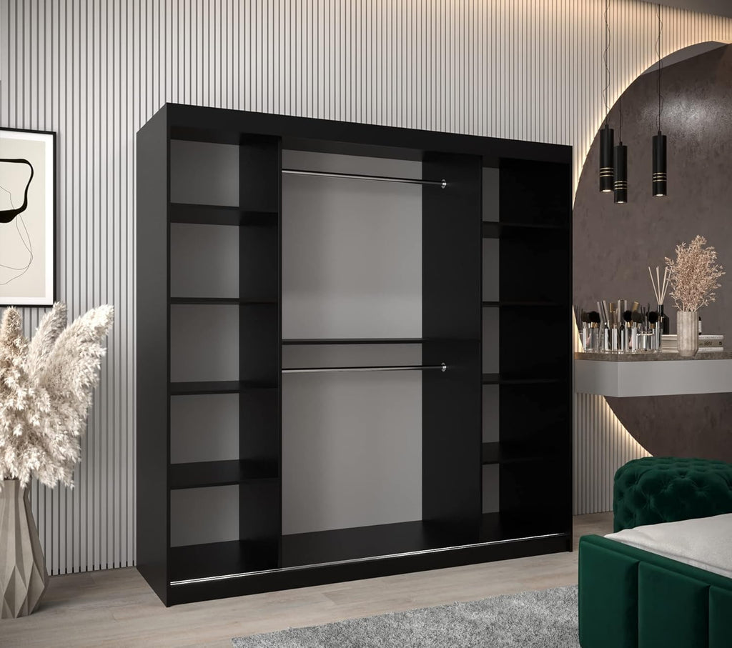 ABIKSMEBLE Verona 4 200 Bedroom Wardrobe with Three Sliding Doors – Modern Storage Cabinet with Mirror, Coat Rack and Shelves – 200 x 200 x 62 cm – Matte Black + Sonoma