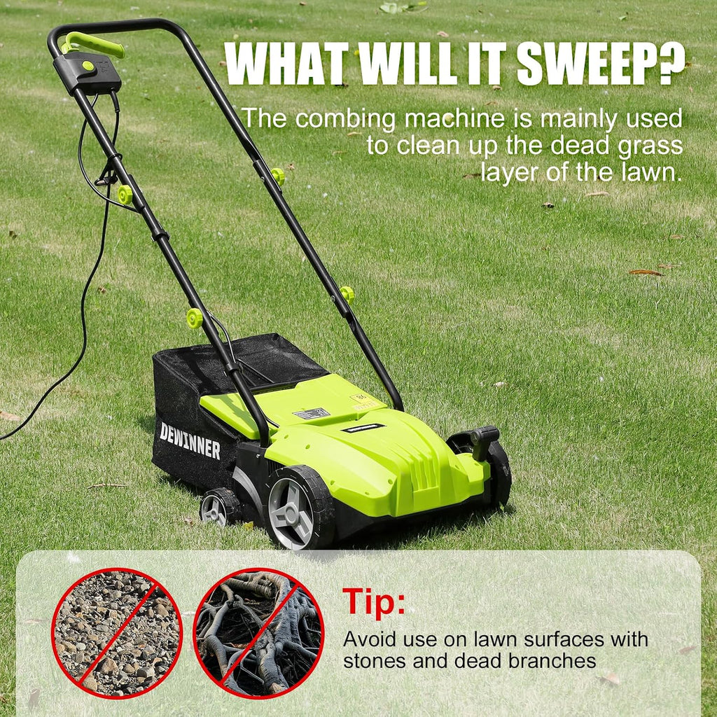 DEWINNER Escarificador eléctrico 2 en 1, aireador de césped 1500W, 32 cm de Ancho de Trabajo, Cesta de Recogida de 30 l, Ajustable en 4 Niveles de -12 Biz + 4 mm