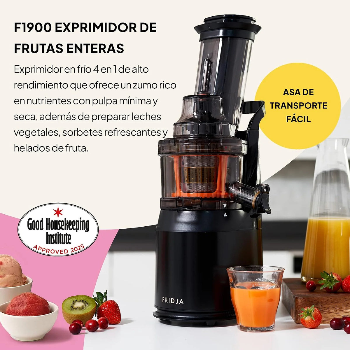 Fridja F1900 - Extractor de zumos para frutas y verduras, exprimidor lento de prensado en frío, exprimidor eléctrico sin BPA, 240W, con tamiz, grifo antigoteo, licuadora lenta que conserva vitaminas