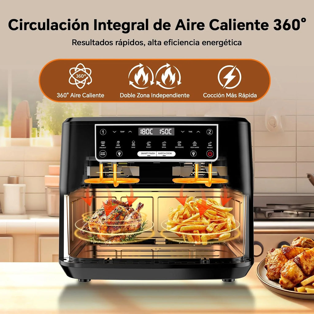 Freidora Aire 12 Litros | Freidora de Aire XXL Flexible Ajuste 1 Zona o 2 Zona, 2600W Doble Resistencia Control Independiente con Ventana y Luz, Air Fryer Grande 8-en-1 Controles táctiles Rezeptbuch