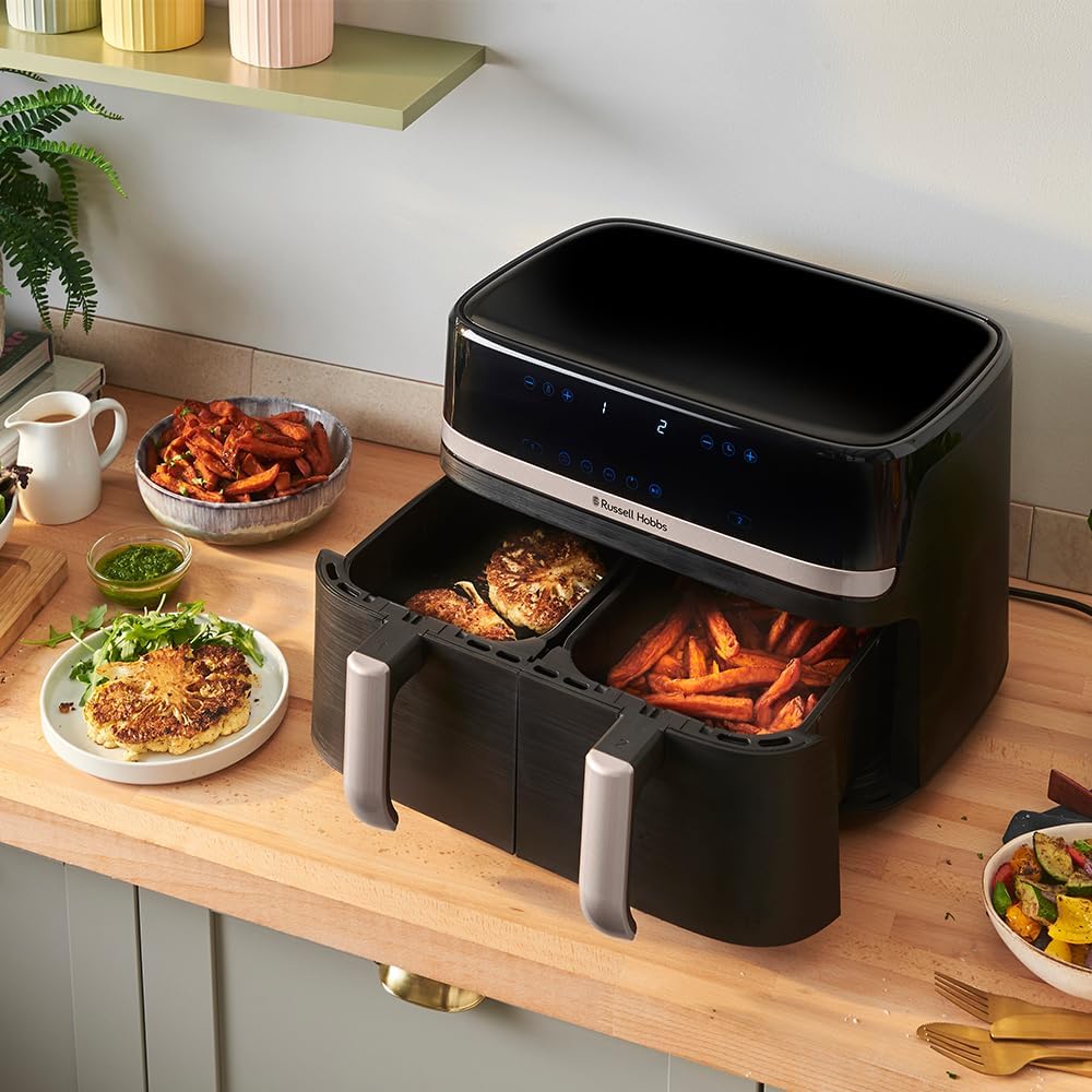 Russell Hobbs freidora de aire, freidora sin aceite, doble cesta 9 l, Air Fryer, ruido reducido, 9 programas, Rapid Air, máx. 200 °C, táctil, cestos aptos para lavavajillas, 2800 W, Satisfry 27681-56