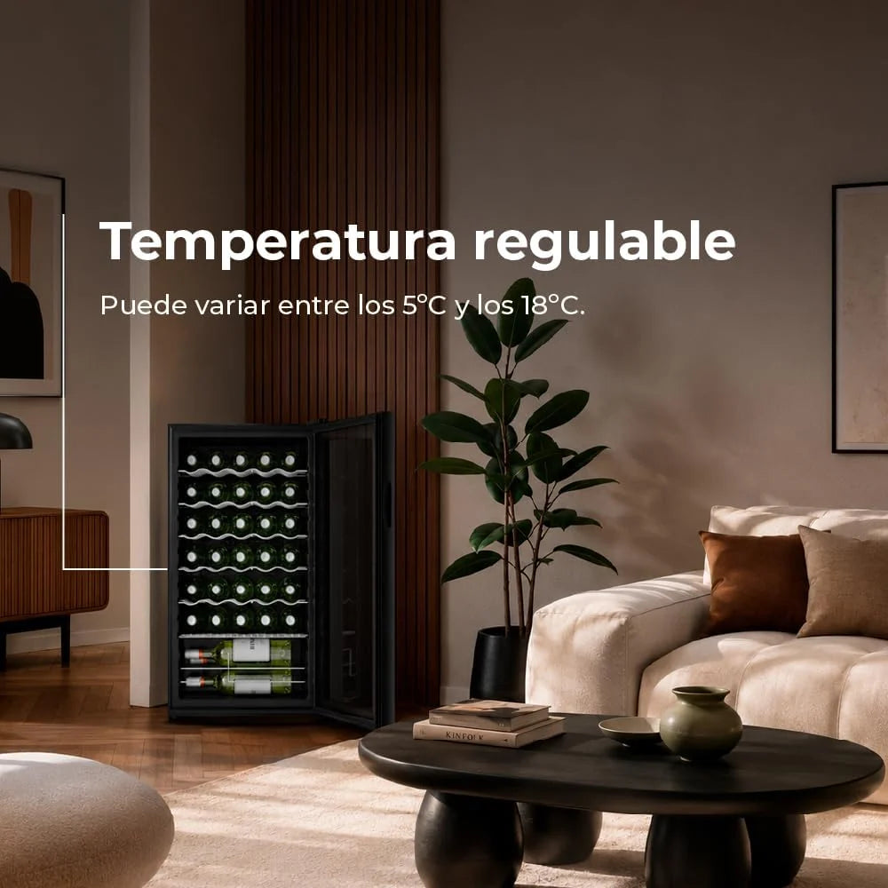 EVVO VT34 Vinoteca 34 botellas, enfriador de vino con compresor, 5-18ºC, panel táctil, silenciosa, display digital, LED interior, botellero vino y mini nevera vinoteca