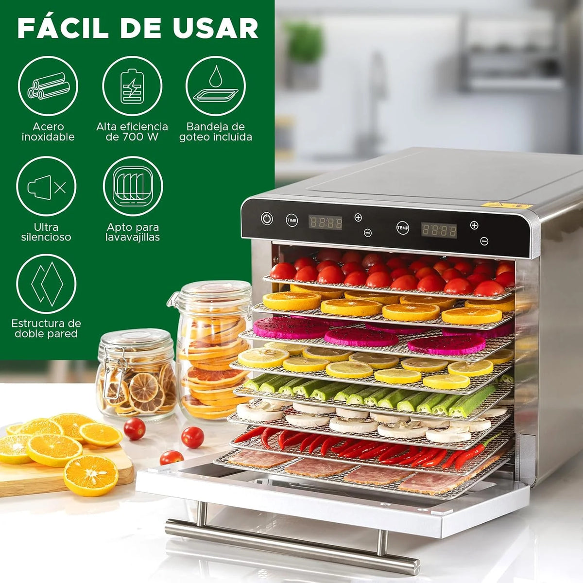 Kwasyo Deshidratador de Alimentos, Deshidratadora con 8 Bandejas de acero inoxidable, Temperatura adjustable 30-85℃, Temporizador de 24 horas, Secador de alimentos para frutas, Veg, Carne, Setas, 700W