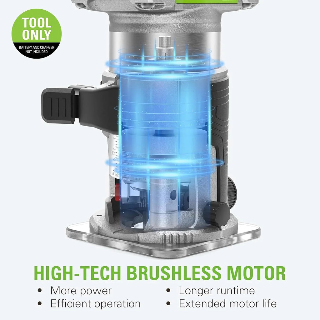 Greenworks 24V Fresadora De Madera Rebajadora sin cable, motor sin escobillas, 30000 RPM, control variable de 5 velocidades, sin batería ni cargador