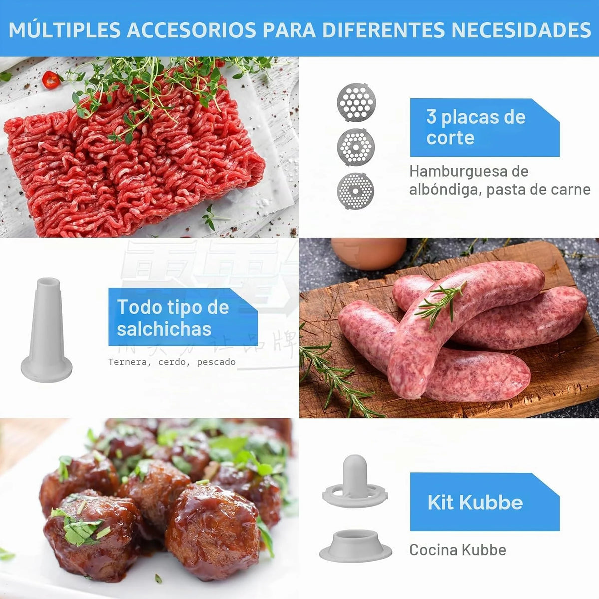 Nictemaw Picadora de carne eléctrica de 2000 W, máquina para salchichas con 3 discos perforados, accesorios para galletas, tubos de relleno de salchichas y accesorios para la cocina doméstica