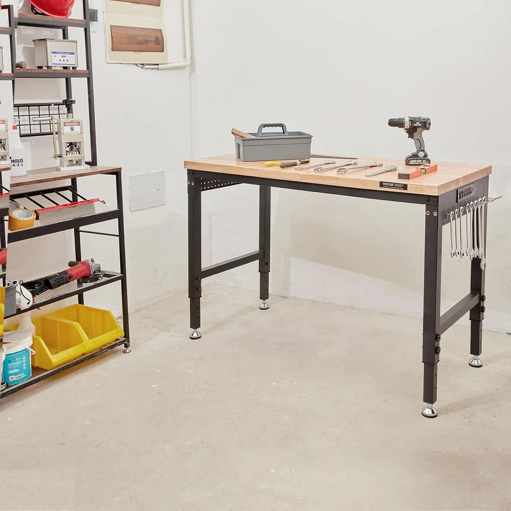 VEVOR Banco de Trabajo de Altura Ajustable 79-104 cm Banco para Taller Escritorio de Tablón de Roble 122x51 cm Marco de Acero Mesa de Trabajo con Ruedas Carga de 720 kg para Garajes Talleres Oficinas