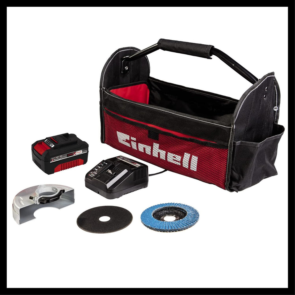 Einhell Amoladora angular con batería TE-AG 18/115 Li Kit Power X-Change (18 V, 115 mm diámetro de disco, 28 mm profundidad de corte, incl. disco, 4,0 Ah batería y cargador)