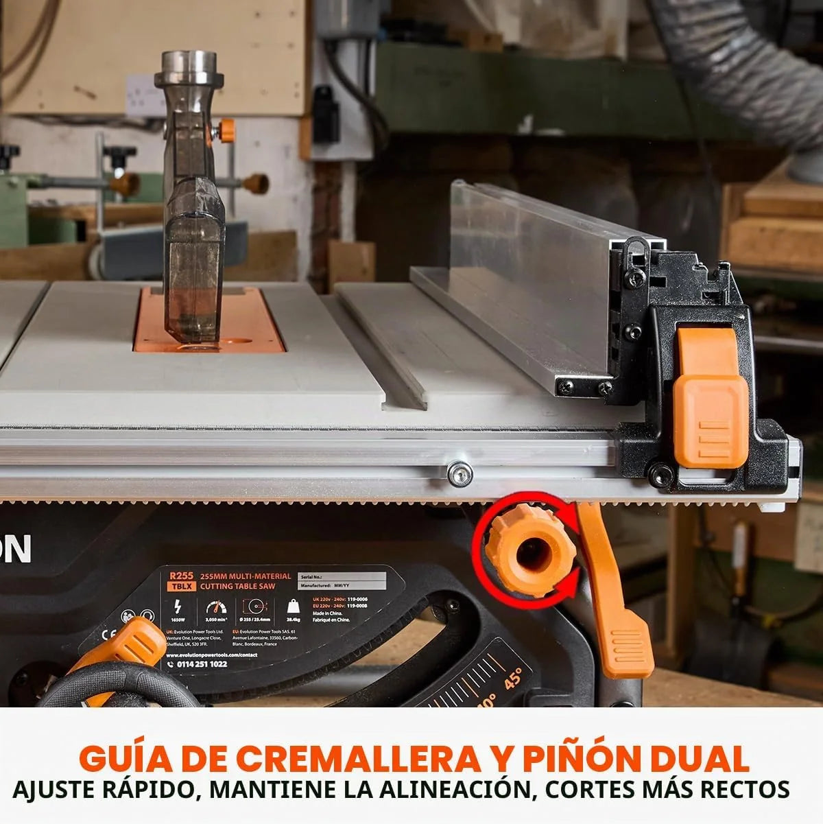 Evolution Power Tools R255TBLX Sierra De Mesa Con Soporte (Próxima Generación Rage 5-S) Hoja De Corte Multimaterial Incluida Corta Madera Metal Plástico, Bisel 45˚, +/- 60˚ Ángulo De Inglete, 1650w