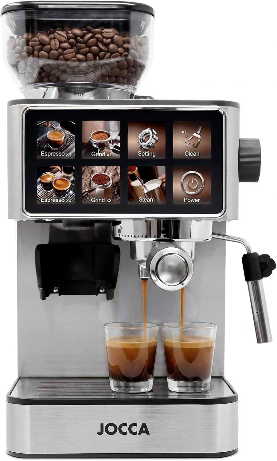 Jocca - Cafetera Espresso Semiautomática 20 Bar con Molinillo, Pantalla Táctil, 22 Niveles de Molienda, Vaporizador, Depósito 1,3L, 1450W, Acabado en cromado Acero Inoxidable