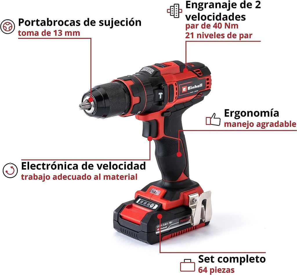 Einhell Set de taladro percutor con batería TE-CD 18/40 Li-i +64 (2x2,0 Ah)