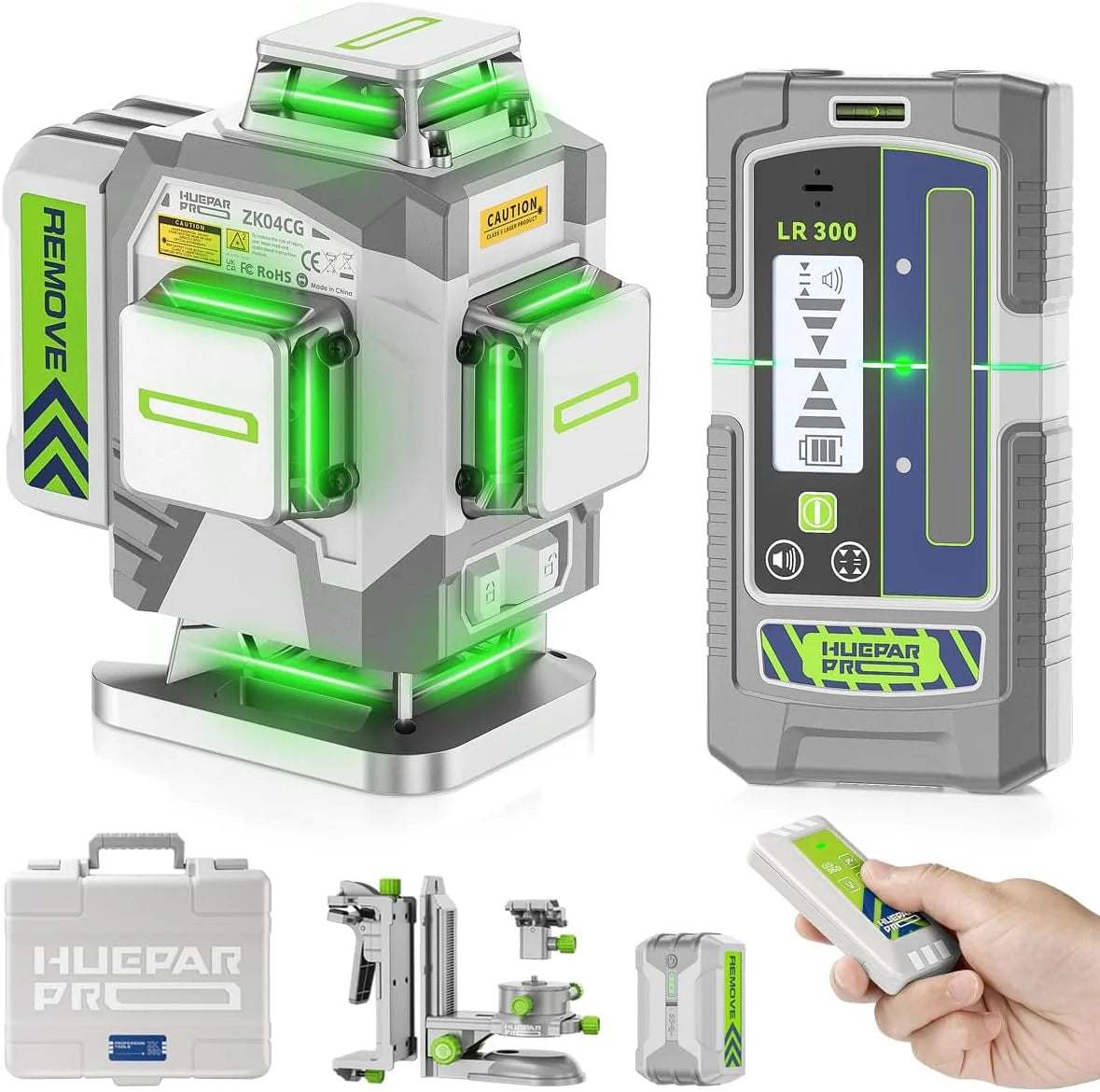 Huepar Pro Outdoor Nivel Láser con Receptor, 4 * 360° Autonivelante Verde