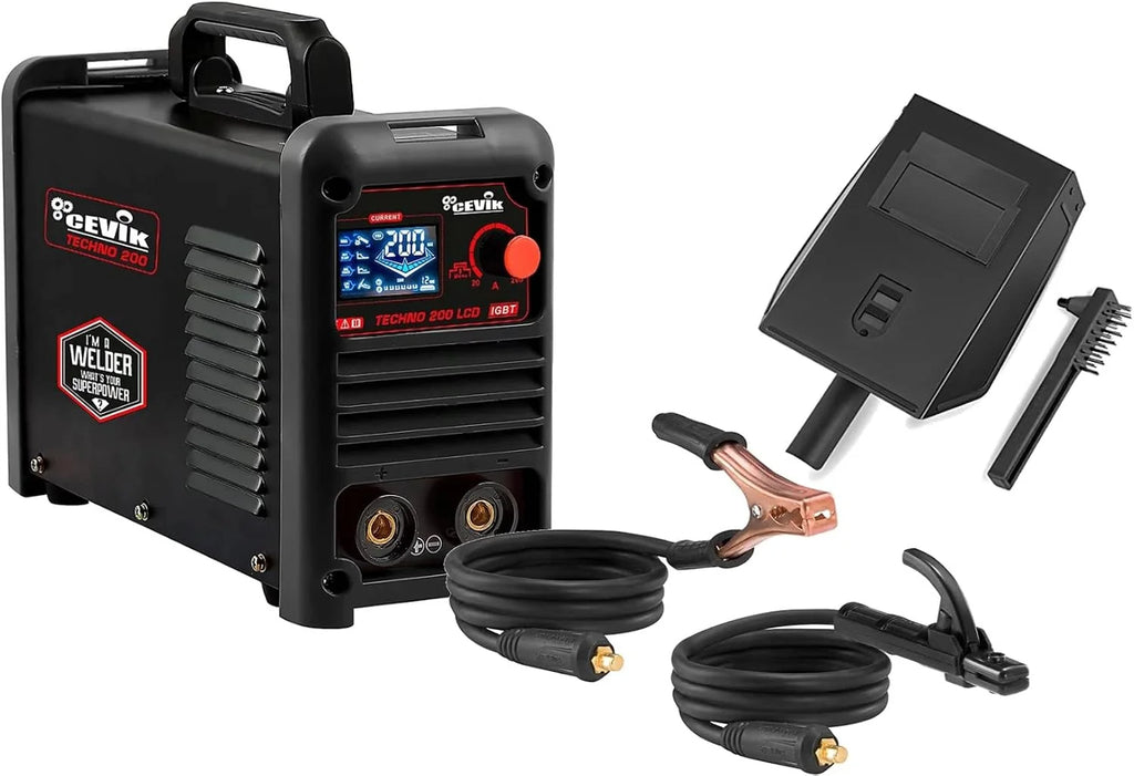 CEVIK PRO CE-TECHNO200LCD - Soldador Inverter MMA con Máscara de Soldadura y Portaelectrodo - 200A 50% 230V-Electrodos hasta 5mm - Pantalla LCD - Conectable a Generador - Máquina de Soldar
