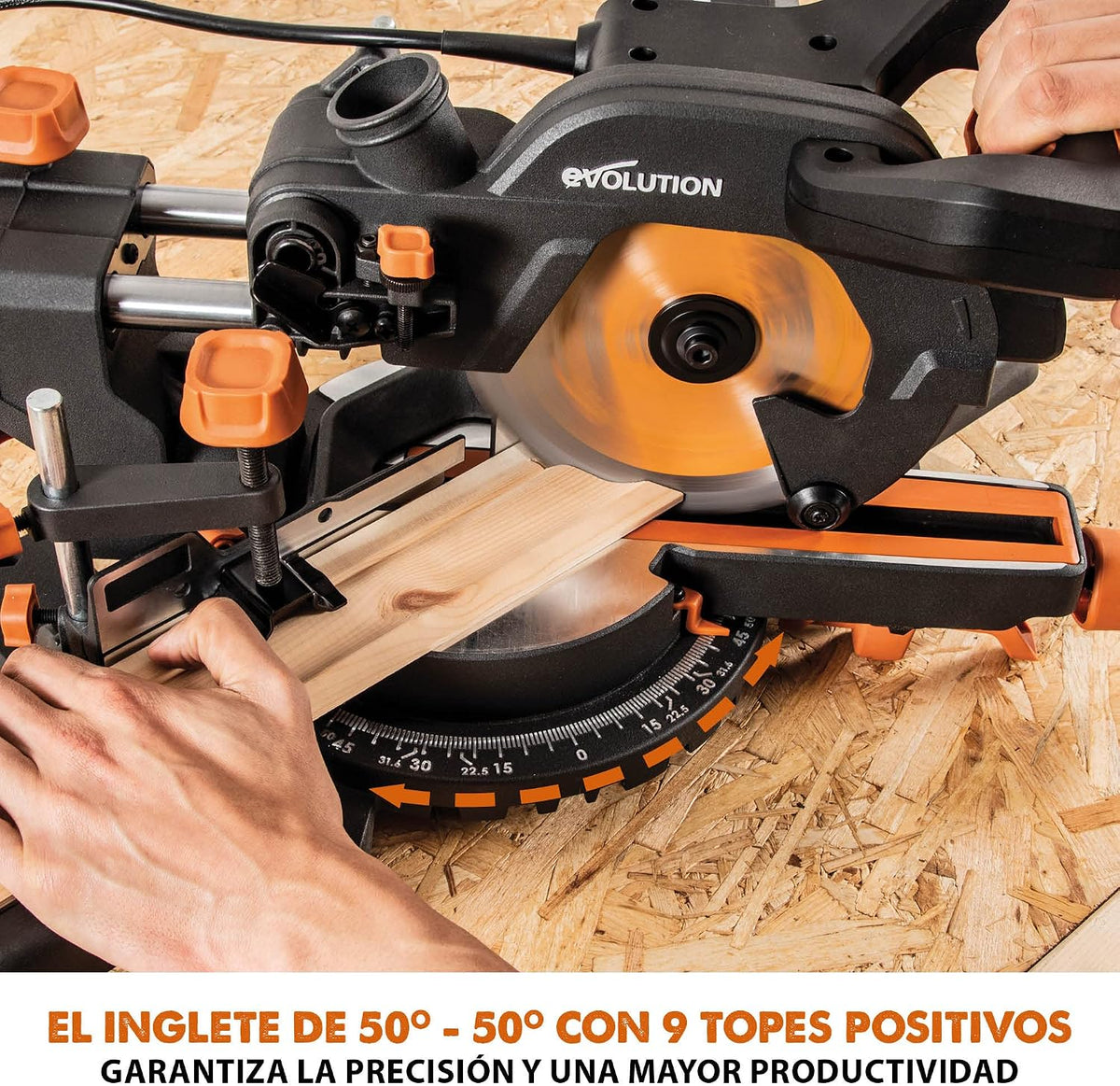 Evolution Sierra ingletadora deslizante de 185 mm (R185SMS+) de Evolution con corte multimaterial; bisel de 45°, inglete de 50°; guía láser. Incluye hoja multiusos
