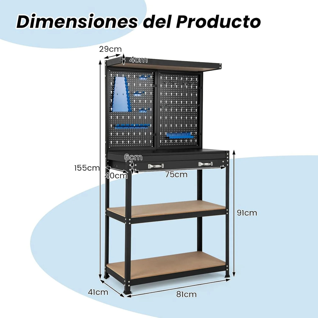GOPLUS Banco de Trabajo Taller, Mesa de Herramientas Carga 100 kg, 81x41x155cm, con Tablero Perforado Metal, Estante Abierto, 14 Accesorios para Colgar (Azul+Negro)