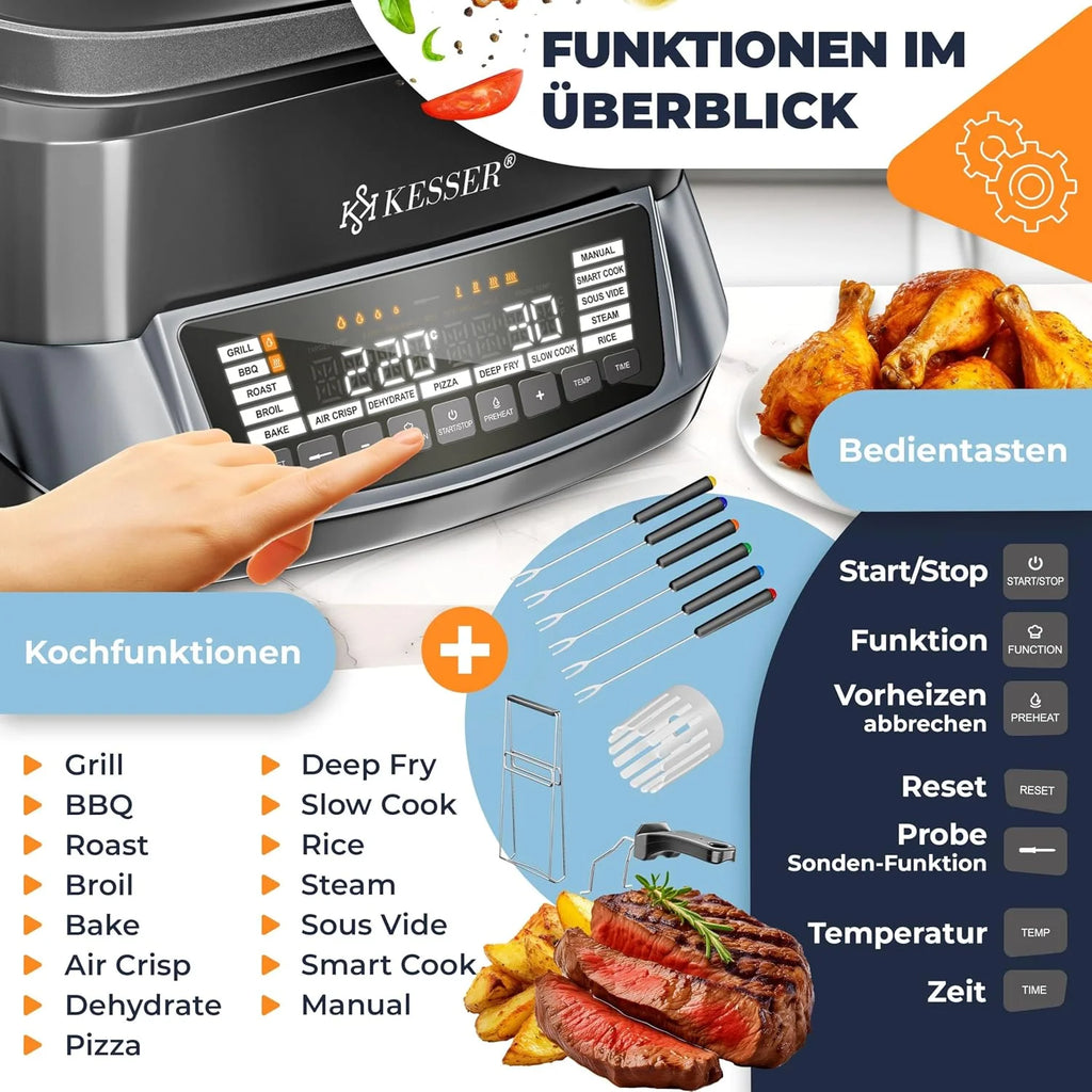 KESSER Multicocina con freidora de aire caliente, 8 L y 16 programas, dispositivo de cocina – Grillen, hornear, guisar, cocinar al vapor, función de precalentamiento y mantenimiento del calor
