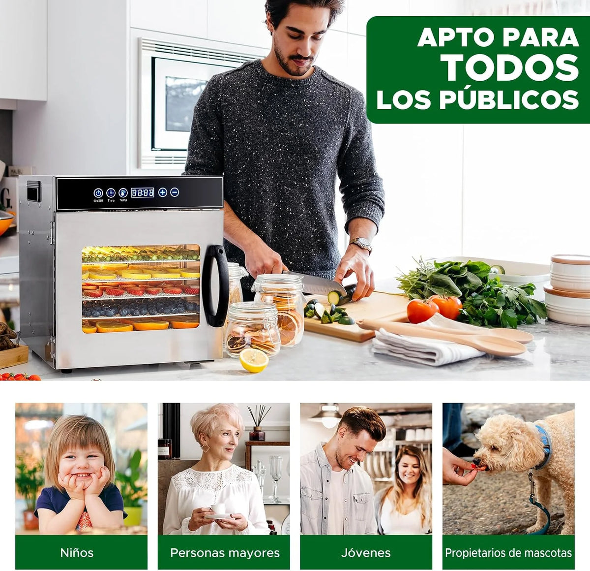 Kwasyo Deshidratador de Alimentos Acero Inoxidable Libre de BPA, Deshidratadora de Frutas y Verduras con Pantalla LCD, Temperatura 30-90℃, Temporizador, Hierbas, Nueces, Yogurt, 8 Bandejas, 500W