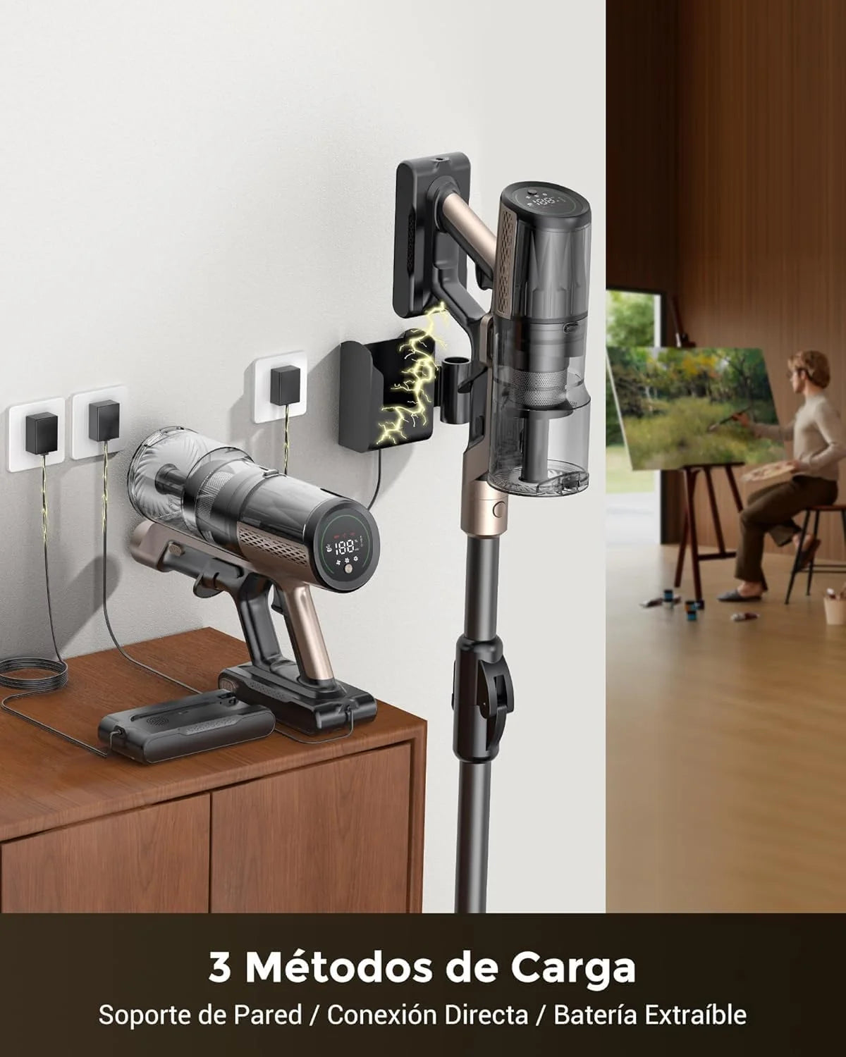 Proscenic P20+ Aspiradora fregadora sin Cable 70Mins/70kPa/680W, Autoportante y Plegable, con Cepillo Anti-Enredo y Depósito de Agua, Escoba Aspiradora sin Cable para Pelo de Mascotas/Suelos/Alfombras