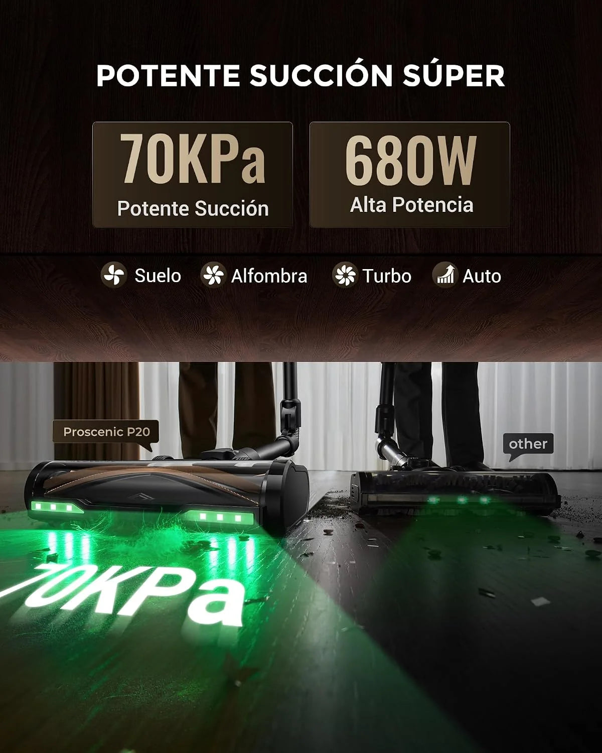 Proscenic P20 Aspiradora sin Cable 70kPa/680W/70Mins, Autoportante con Barra Plegable, Aspiradora con Cepillo Anti-Enredo para Pelo de Mascotas/Suelos/Alfombras, Marrón Y Negro